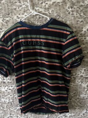 GUESS Black Tee with Green and Orange Stripes
